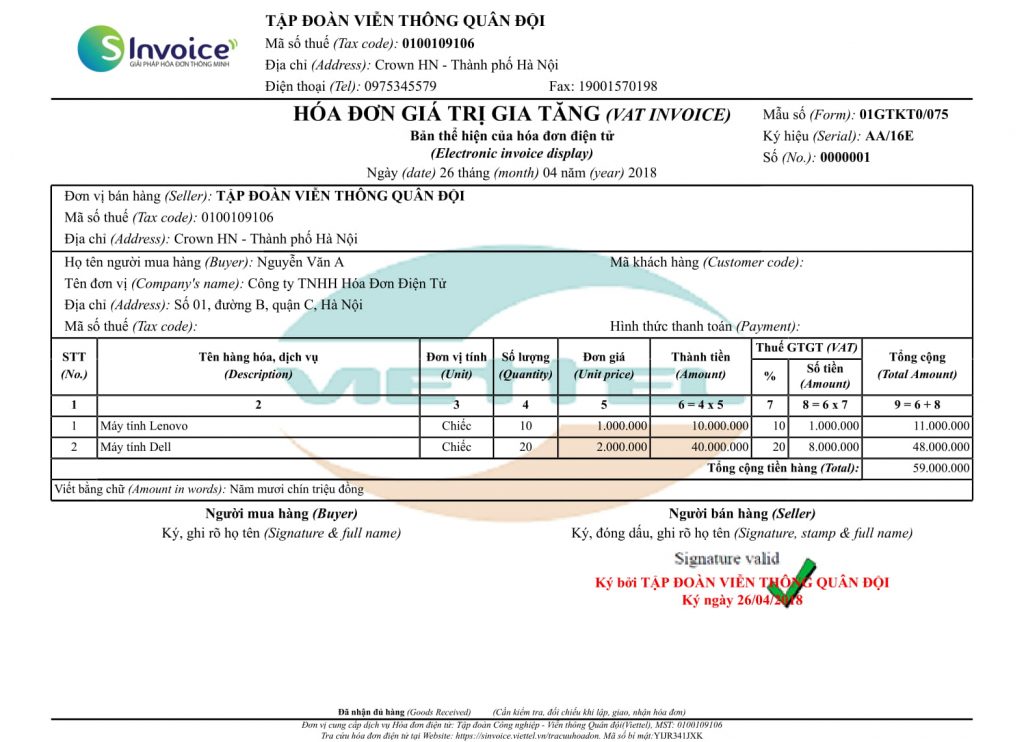 Hóa đơn điện tử Viettel S Invoice dạng văn bản