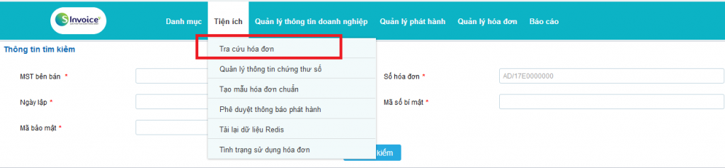 Chọn "Tra cứu hóa đơn" trên thẻ "Tiện ích" của giao diện