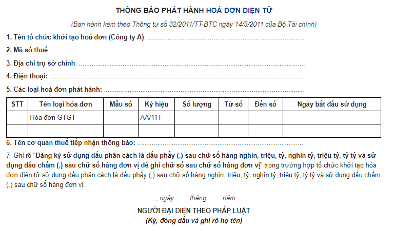 Mẫu "Thông báo phát hành hóa đơn điện tử"